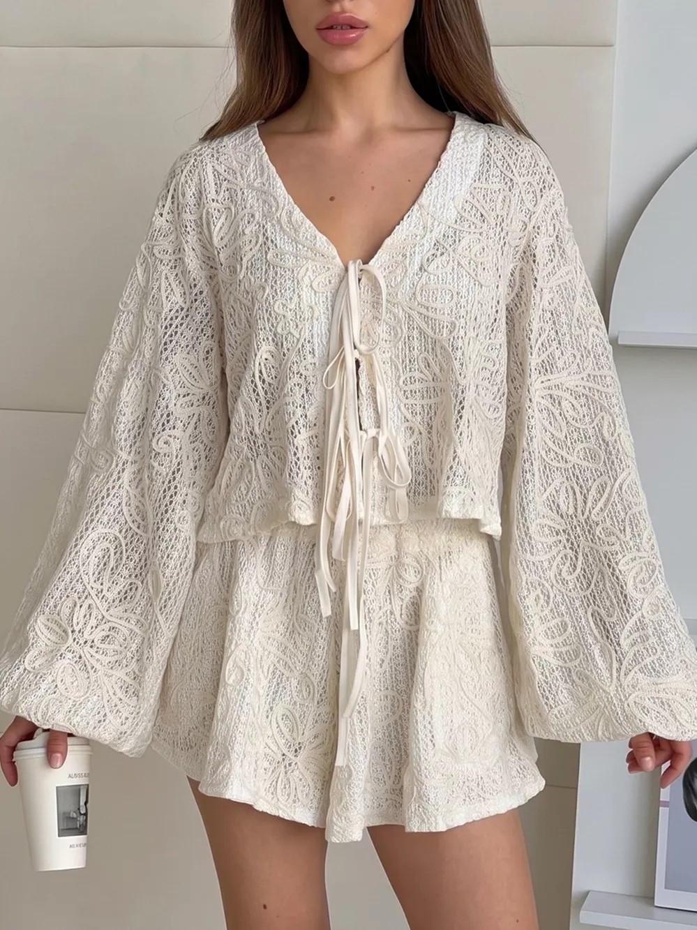 Lace Tie-Front Two-Piece Set in Ivory